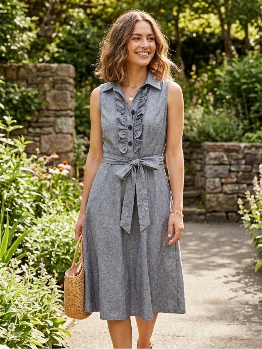 AA Studio Chambray Sleeveless Ruffle Button-Front Dress with Tie Waist